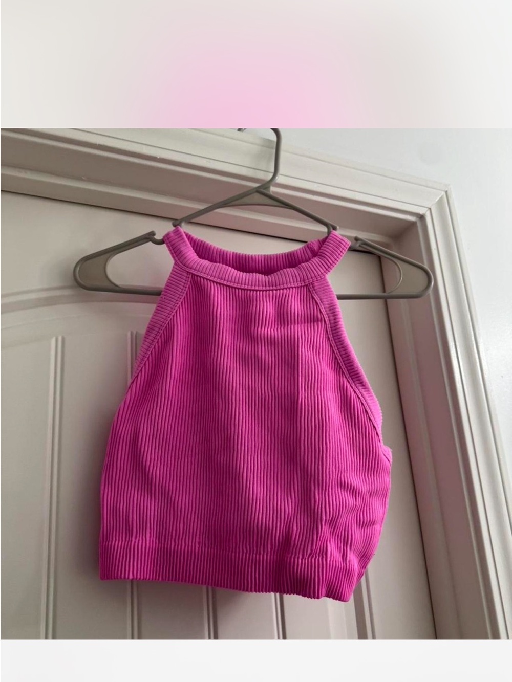 Ribbed Halter Crop Top in Bright Pink